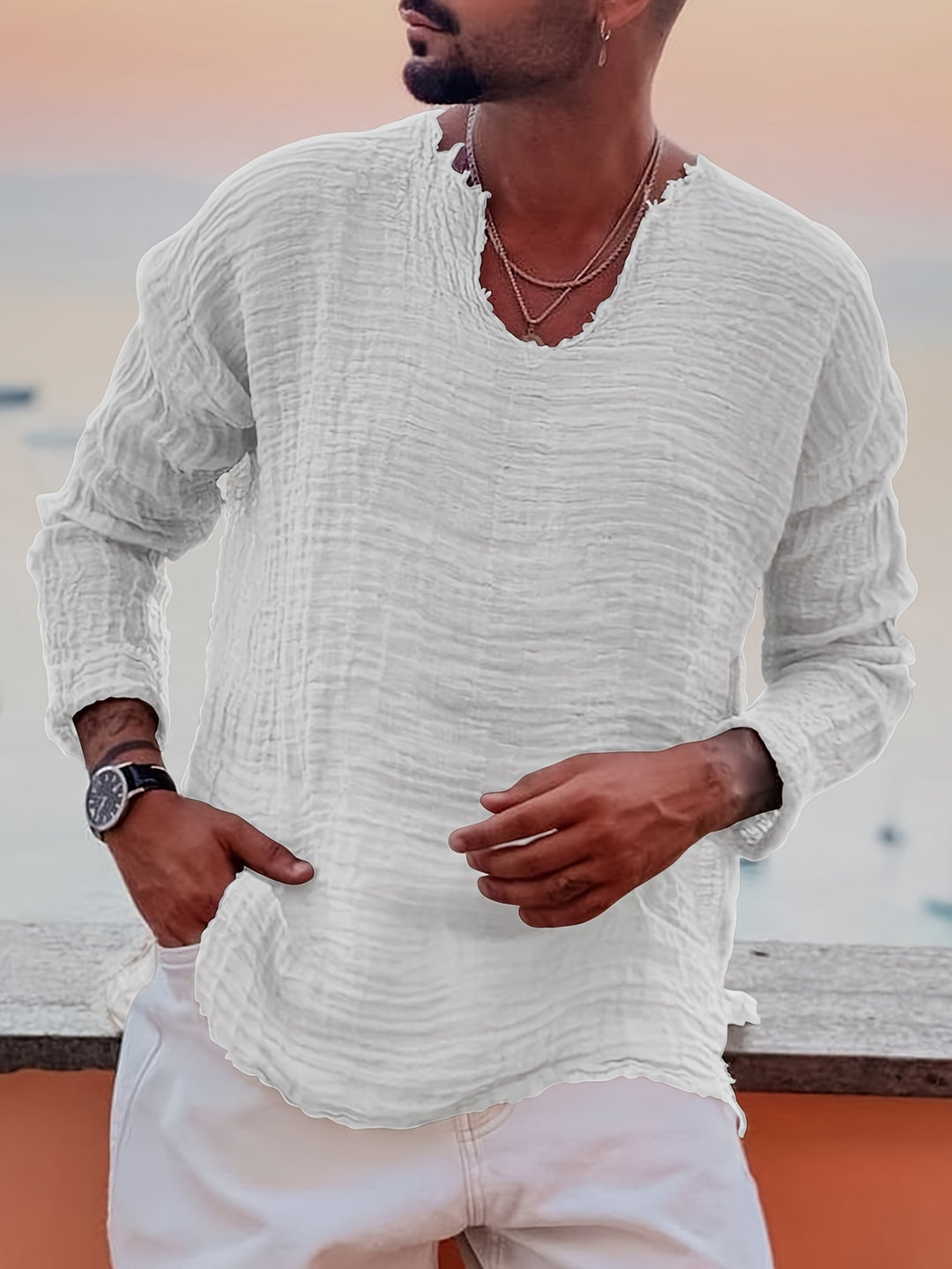 Heren Zomershirt | Lichtgewicht Katoen | V-hals & Gerafelde Zoom | Modieus & Casual