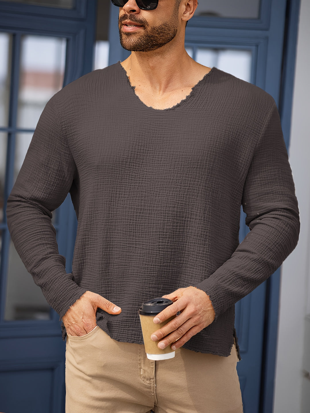 Heren Zomershirt | Lichtgewicht Katoen | V-hals & Gerafelde Zoom | Modieus & Casual