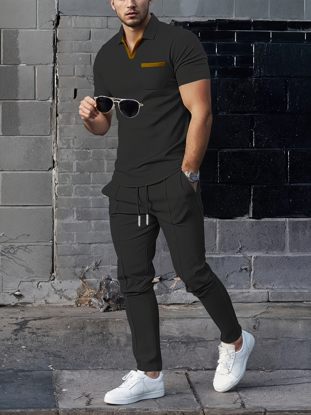 Heren 2-Delige Set | Trendy Wafelkraag & Comfortabele Lange Broek | Ademend voor Zomer