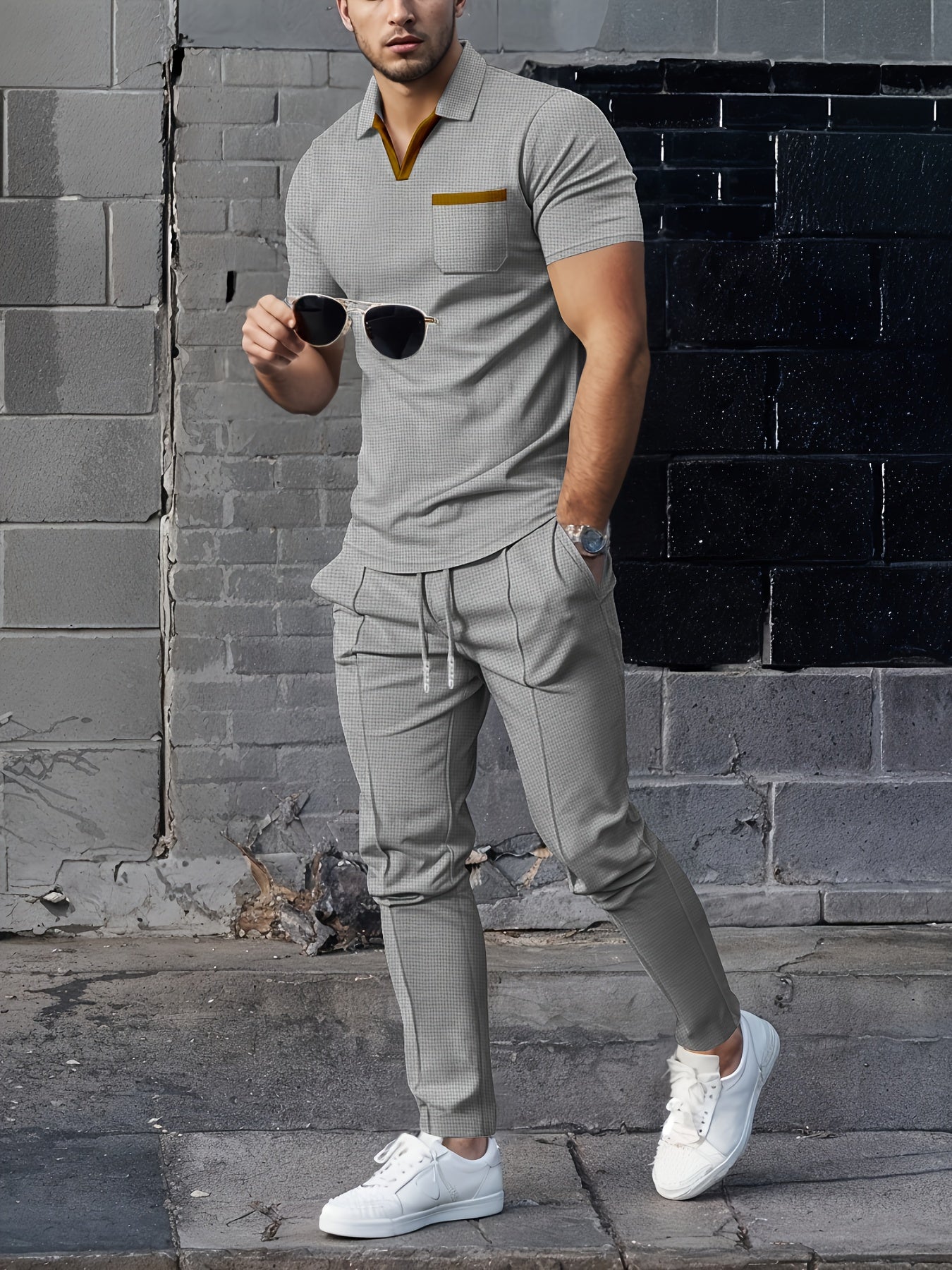 Heren 2-Delige Set | Trendy Wafelkraag & Comfortabele Lange Broek | Ademend voor Zomer