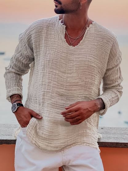 Heren Zomershirt | Lichtgewicht Katoen | V-hals & Gerafelde Zoom | Modieus & Casual