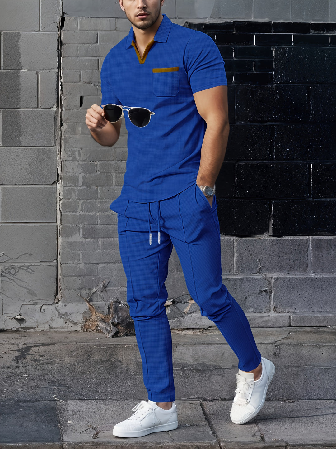 Heren 2-Delige Set | Trendy Wafelkraag & Comfortabele Lange Broek | Ademend voor Zomer