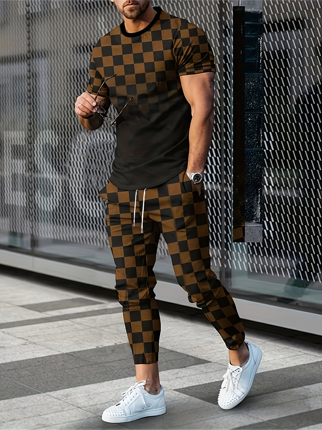 Heren Sportset | 3D Ruitpatroon | Licht & Stretchy | T-Shirt & Lange Broek