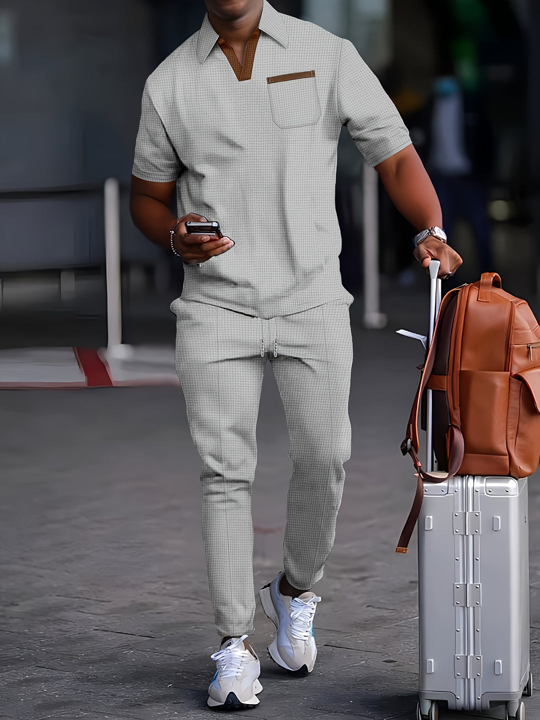 Heren 2-Delige Set | Trendy Wafelkraag & Comfortabele Lange Broek | Ademend voor Zomer